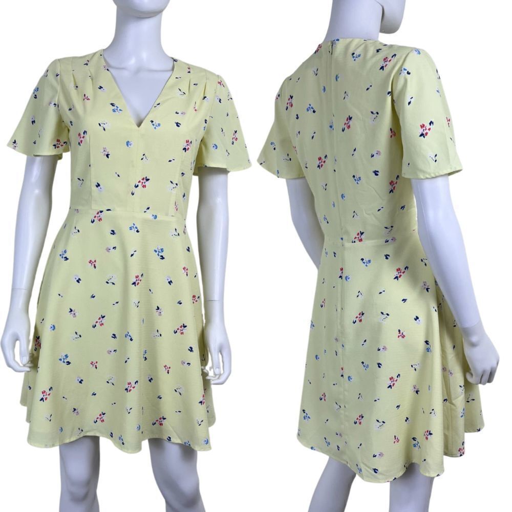 French Connection Women Size 6 Yellow Ditsy Floral Crepe Fit & Flare Mini Dress